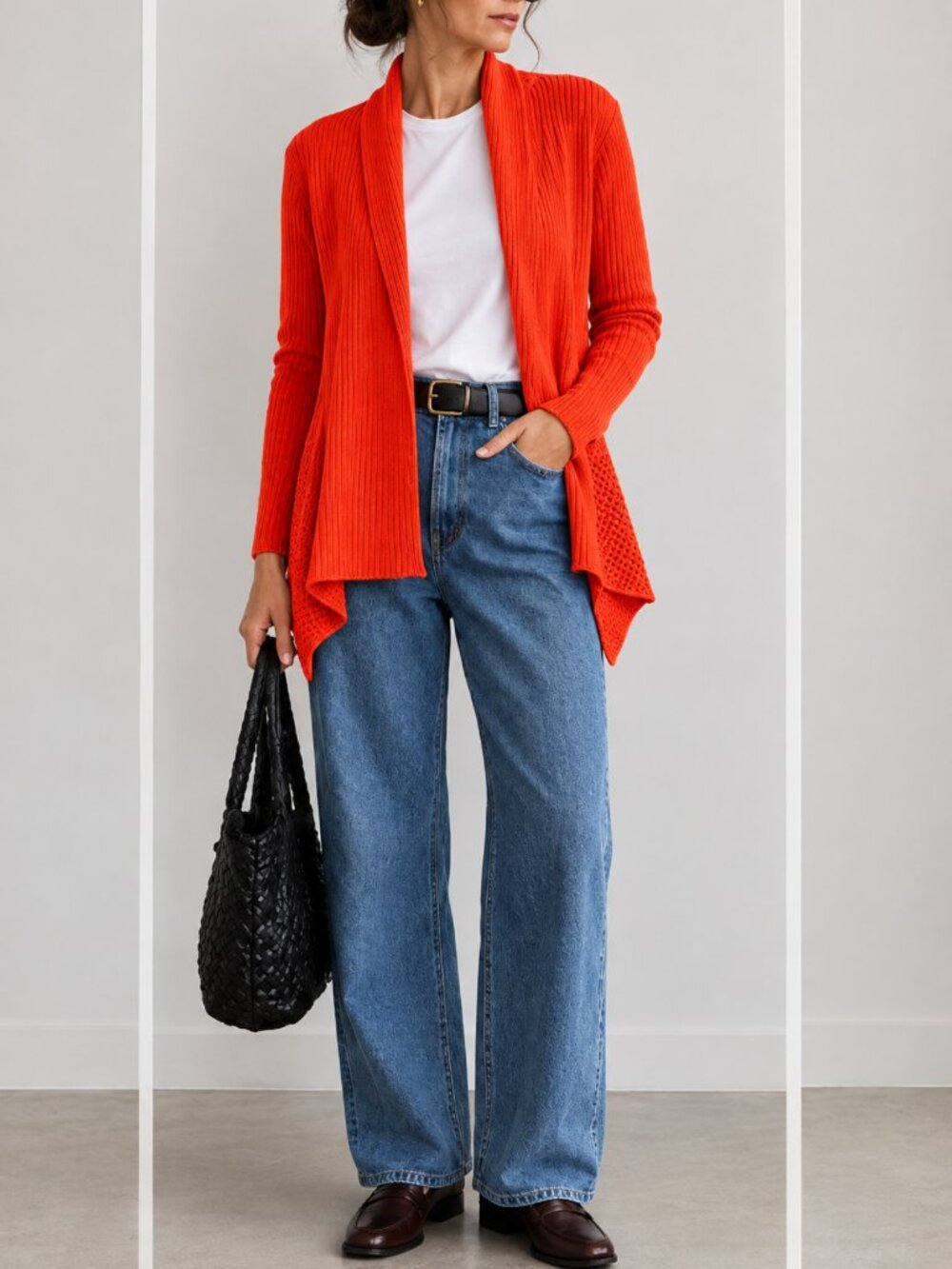 Akris Punto orange rib knit/mixed knit open peplum cardigan/Sweater Sz 2